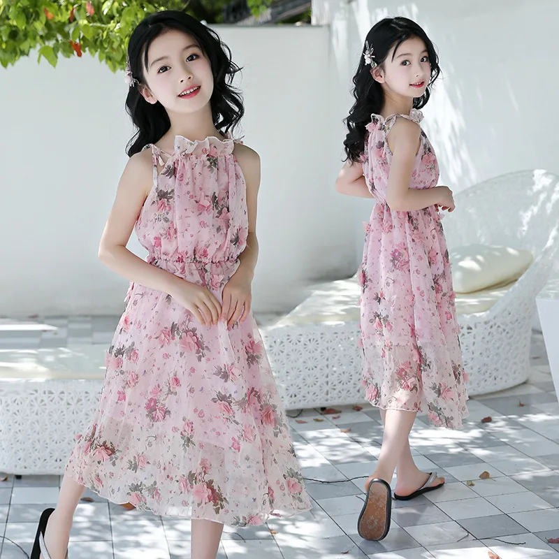 Girls Flower Bohemian Summer Dress ChildKids Girl Beach Dresses Chiffon Dresses Floral Teenager Girl's Clothes 6 8 10 12 14 Year
