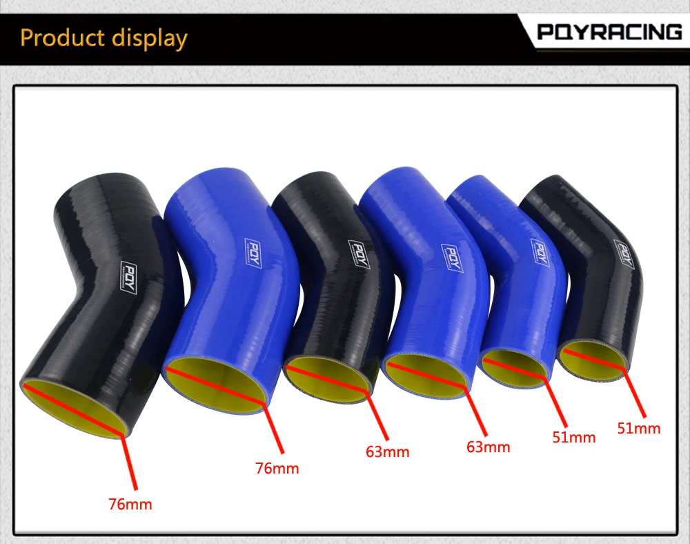 51mm / 63mm / 76mm / 51mm to 63mm / 63mm to 76mm 90 Degree 45 Degree Elbow Reduce Silicone Hose Pipe Black Blue