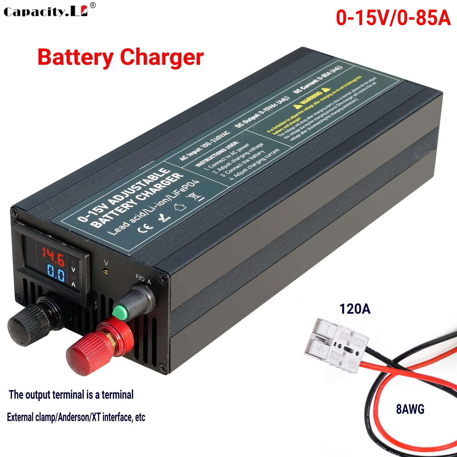 60A100A CC CV Adjustable Battery Charger Power Supply, 0-15V Smart Fast Charger for Li-ion & 14.6V LiFePO4 Battery, 100-240V AC