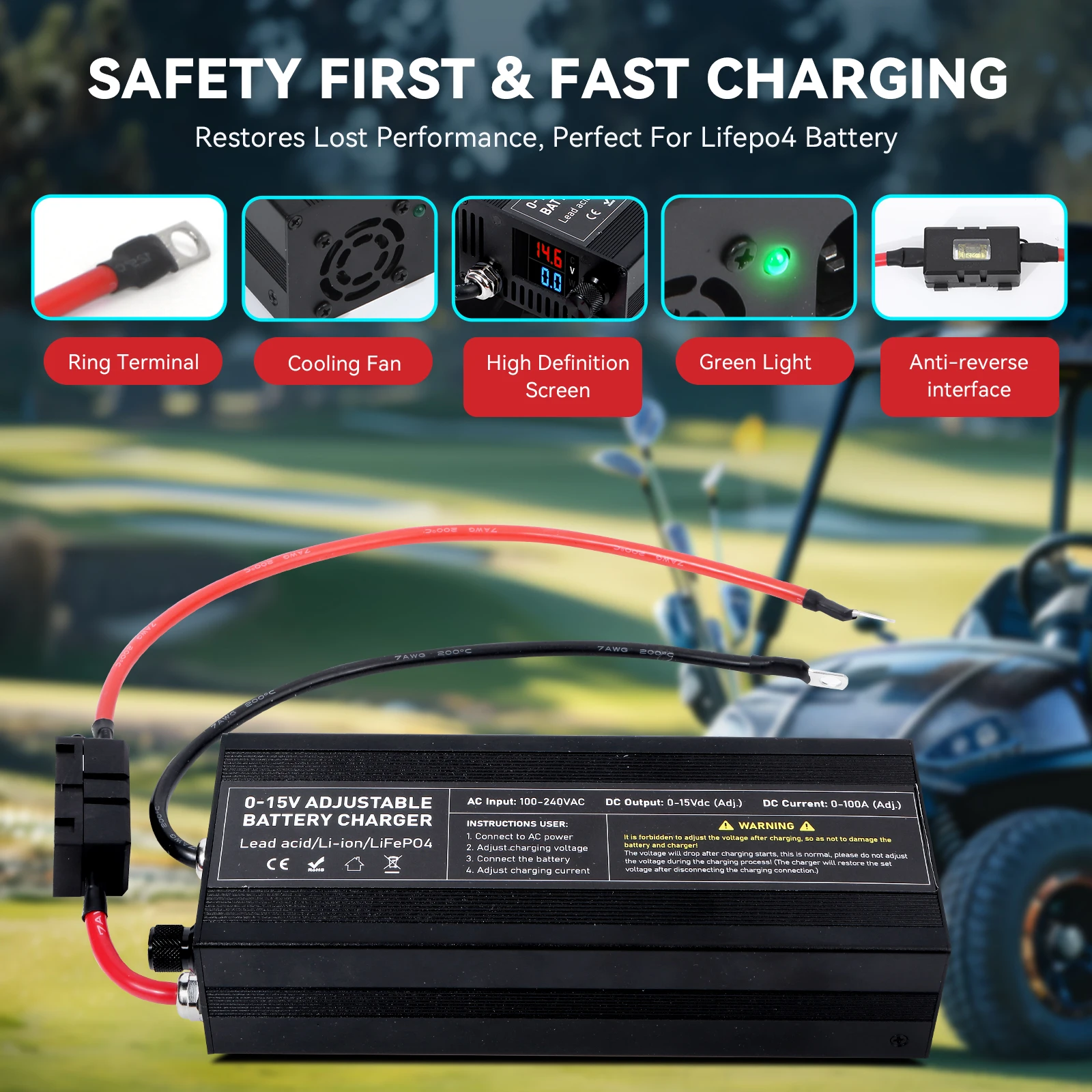 60A100A CC CV Adjustable Battery Charger Power Supply, 0-15V Smart Fast Charger for Li-ion & 14.6V LiFePO4 Battery, 100-240V AC