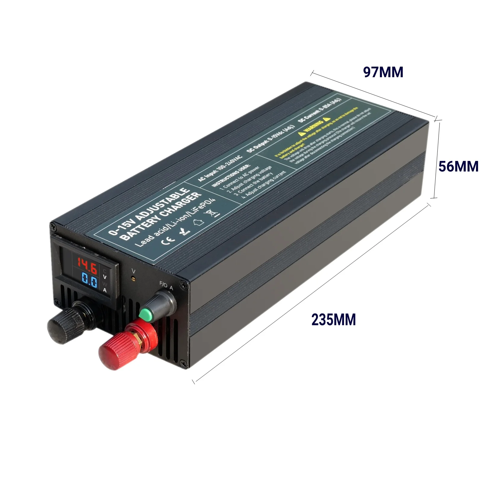 60A100A CC CV Adjustable Battery Charger Power Supply, 0-15V Smart Fast Charger for Li-ion & 14.6V LiFePO4 Battery, 100-240V AC