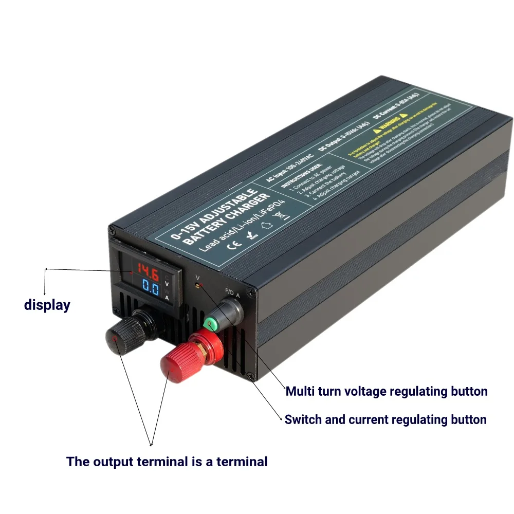 60A100A CC CV Adjustable Battery Charger Power Supply, 0-15V Smart Fast Charger for Li-ion & 14.6V LiFePO4 Battery, 100-240V AC