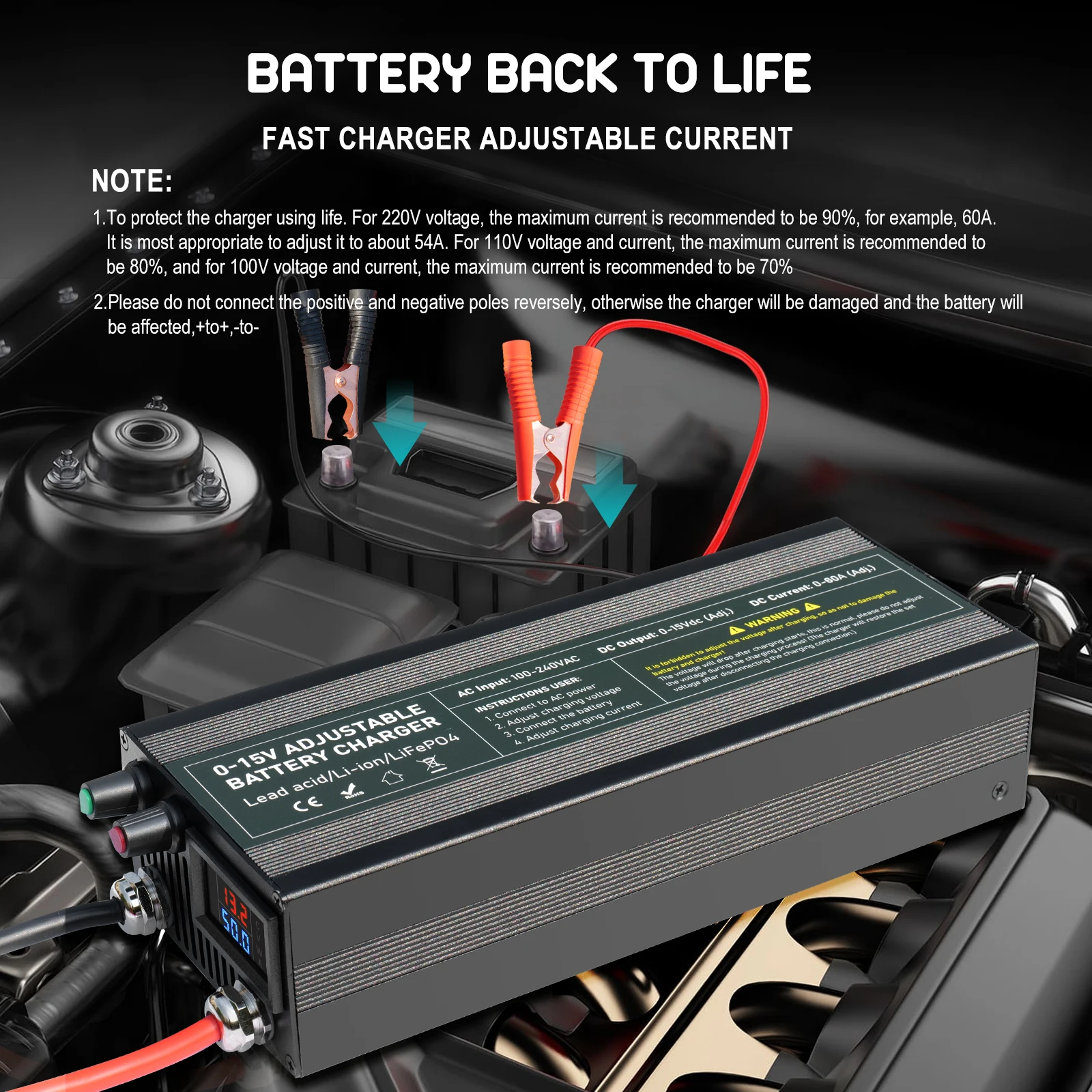 60A100A CC CV Adjustable Battery Charger Power Supply, 0-15V Smart Fast Charger for Li-ion & 14.6V LiFePO4 Battery, 100-240V AC