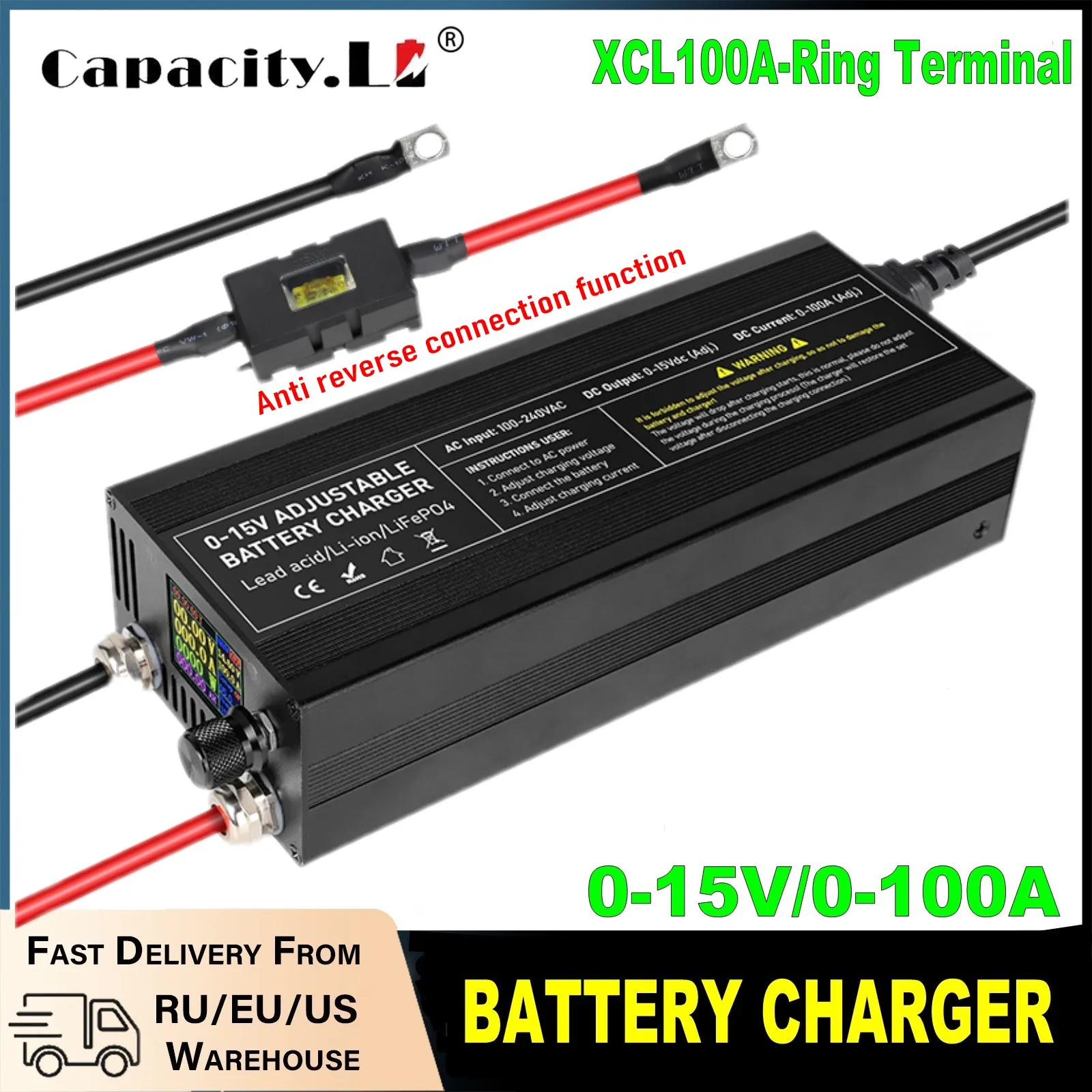 60A100A CC CV Adjustable Battery Charger Power Supply, 0-15V Smart Fast Charger for Li-ion & 14.6V LiFePO4 Battery, 100-240V AC
