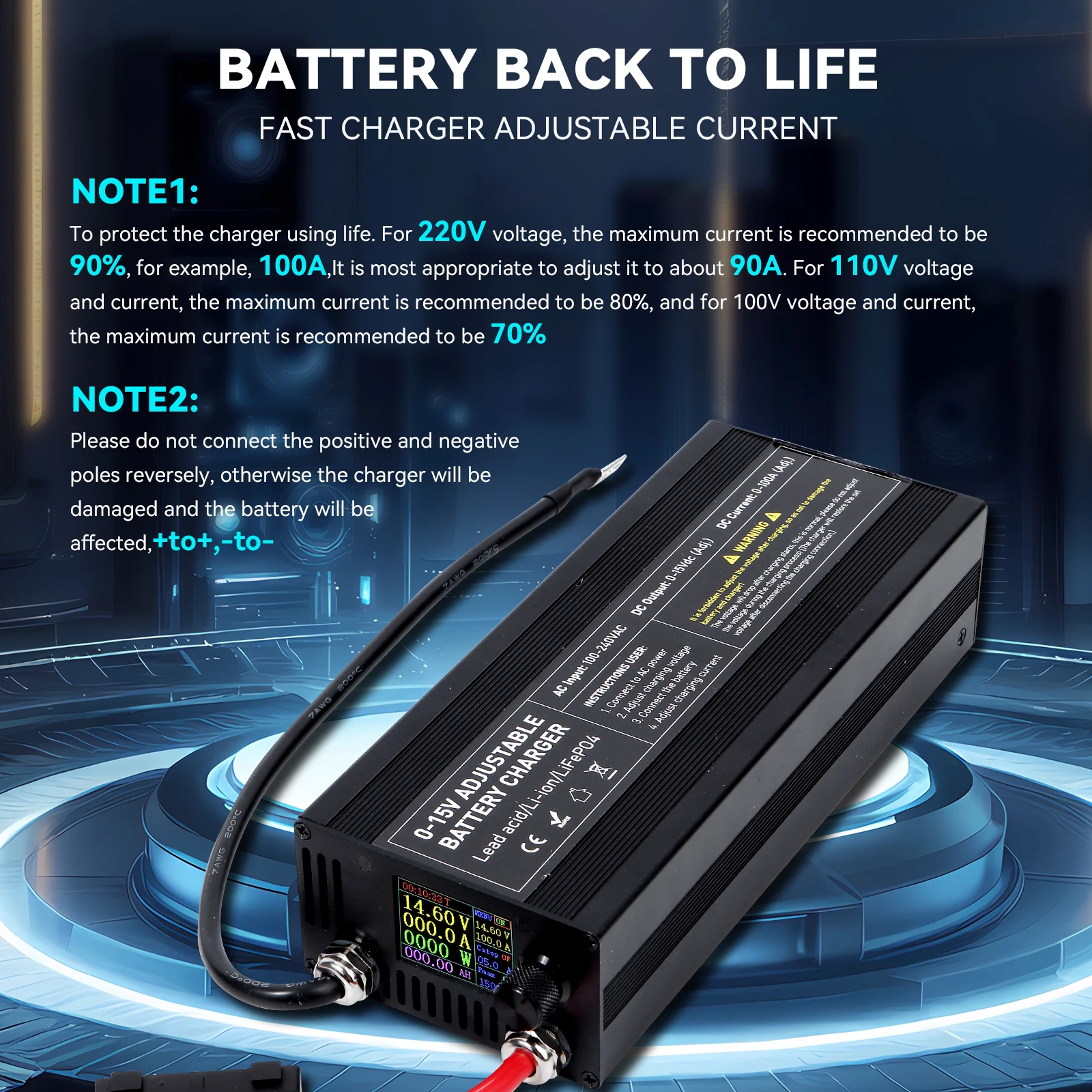 60A100A CC CV Adjustable Battery Charger Power Supply, 0-15V Smart Fast Charger for Li-ion & 14.6V LiFePO4 Battery, 100-240V AC