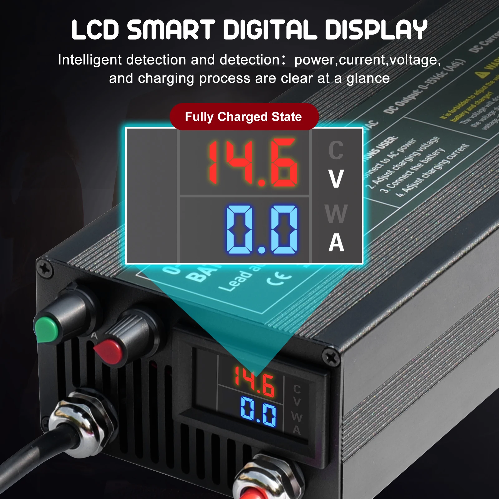 60A100A CC CV Adjustable Battery Charger Power Supply, 0-15V Smart Fast Charger for Li-ion & 14.6V LiFePO4 Battery, 100-240V AC