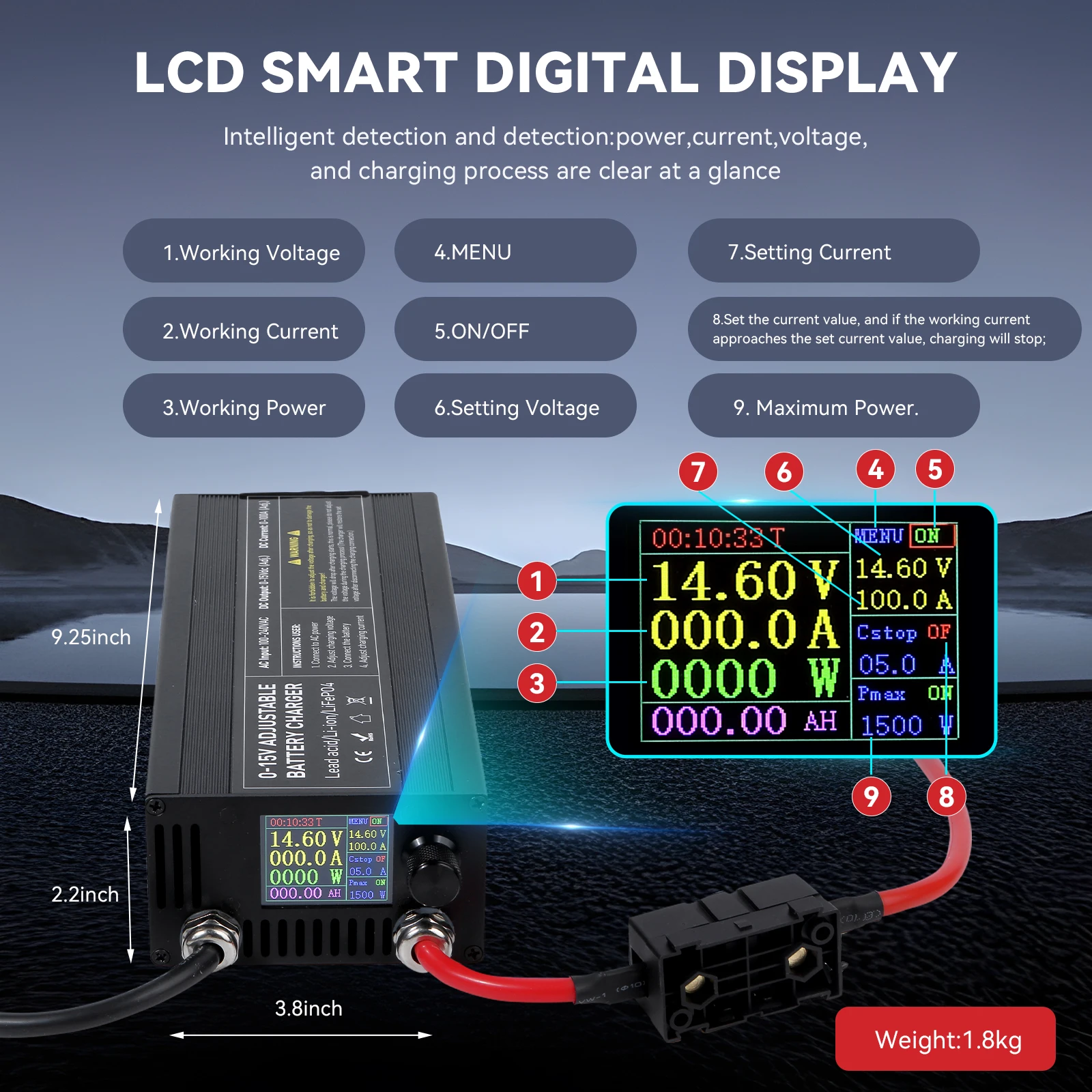 60A100A CC CV Adjustable Battery Charger Power Supply, 0-15V Smart Fast Charger for Li-ion & 14.6V LiFePO4 Battery, 100-240V AC