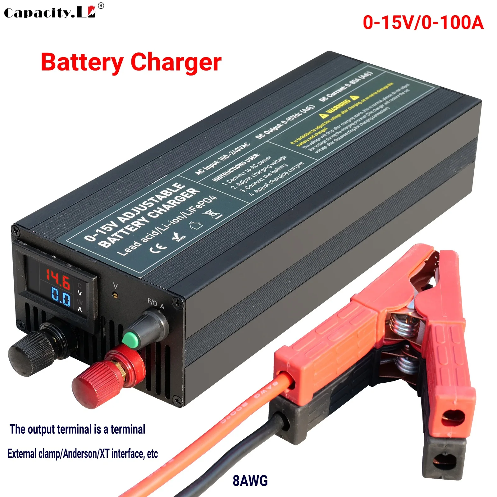 60A100A CC CV Adjustable Battery Charger Power Supply, 0-15V Smart Fast Charger for Li-ion & 14.6V LiFePO4 Battery, 100-240V AC