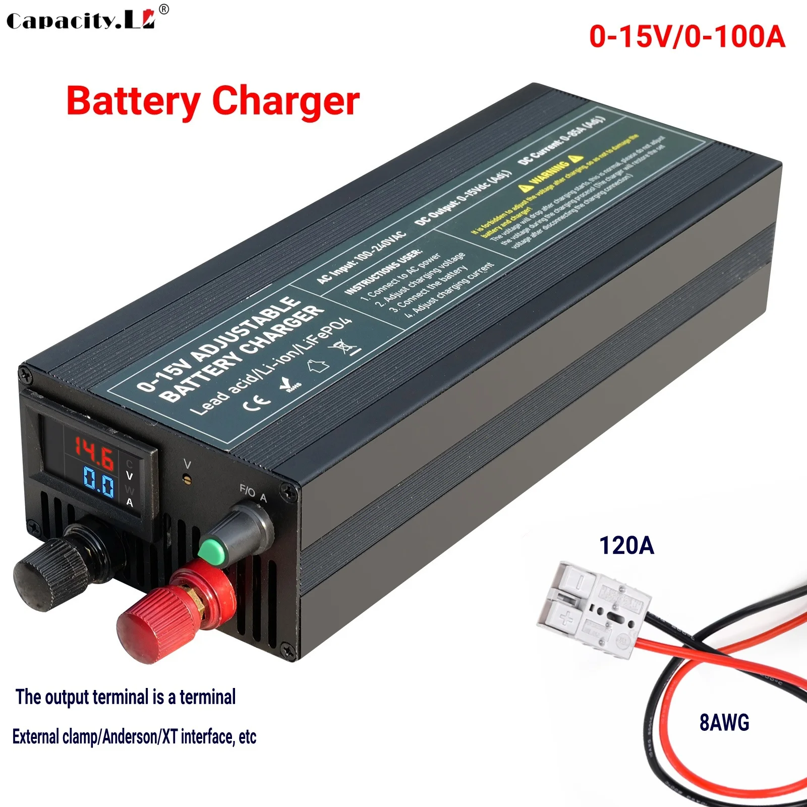 60A100A CC CV Adjustable Battery Charger Power Supply, 0-15V Smart Fast Charger for Li-ion & 14.6V LiFePO4 Battery, 100-240V AC