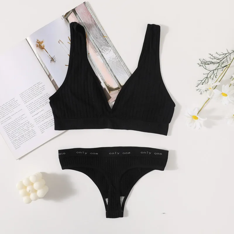 Women Seamless Bra And Panties Set Sexy Ribbed Bra Top Low Waist Thongs Wire-free Brassiere No Pads Comfort Intimates M-XL