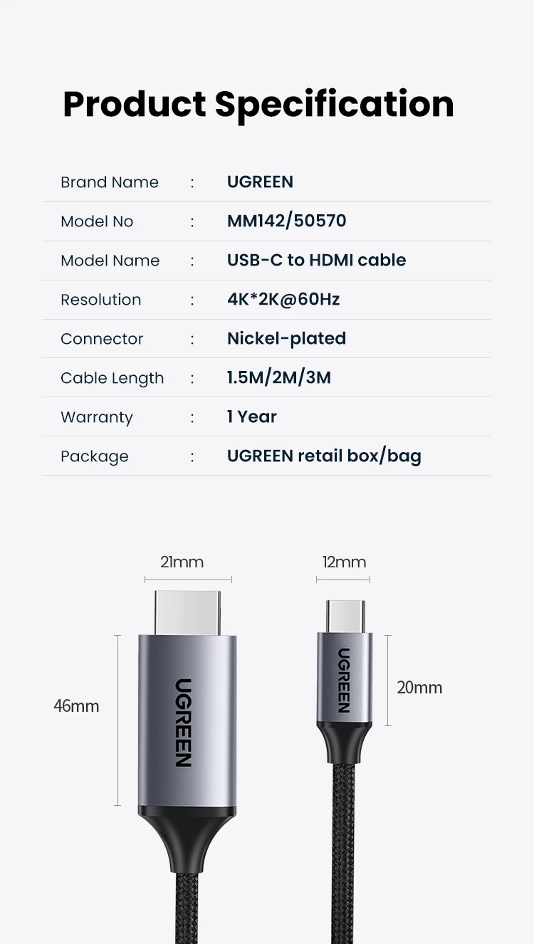 UGREEN USB Type C to HDMI Adapter 4K for TV USB C Cable for PC Macbook Pro iPad Pro Samsung Galaxy Pixelbook Xiaomi USB C HDMI