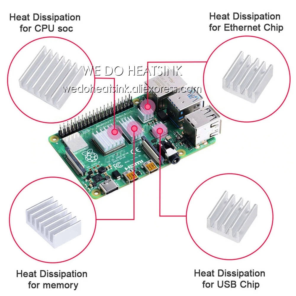 WE DO HEATSINK 4pcs/set Raspberry Pi 4 DIY Heat Sink Aluminum Heatsink Cooler Radiator Kit for Raspberry Pi 4B Heat Dissipation