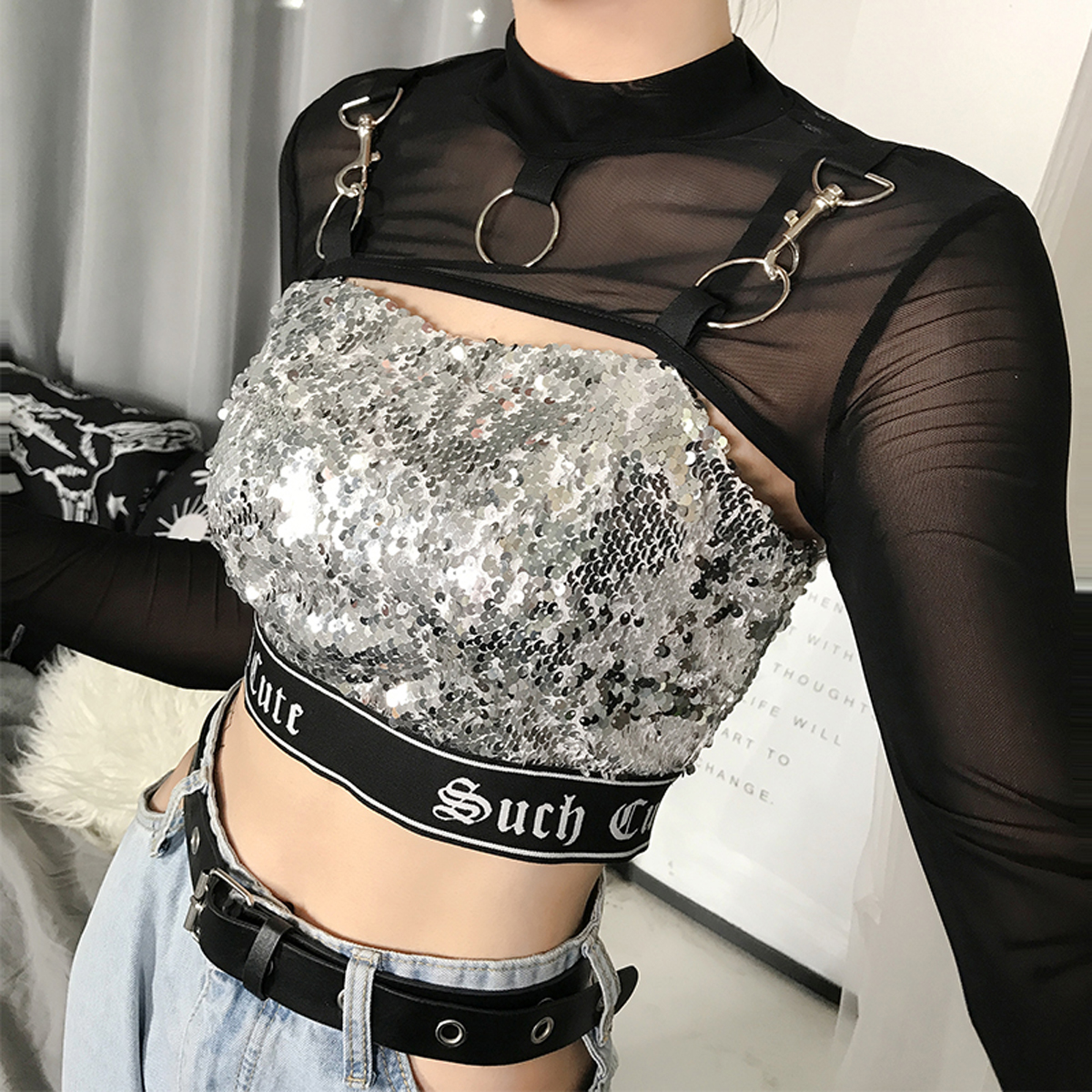 Summer Sexy Mesh See Through T-Shirts Black O-Neck Long Sleeve Turtleneck Sheer Transparent Short Crop Tops Sexy Club Party Top