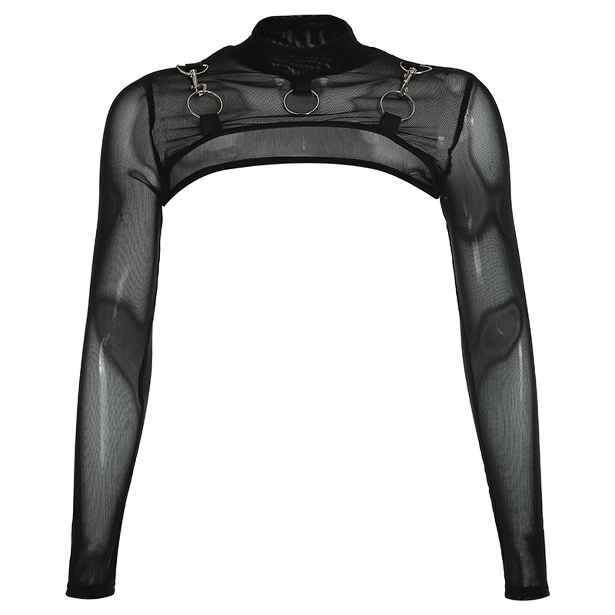 Summer Sexy Mesh See Through T-Shirts Black O-Neck Long Sleeve Turtleneck Sheer Transparent Short Crop Tops Sexy Club Party Top
