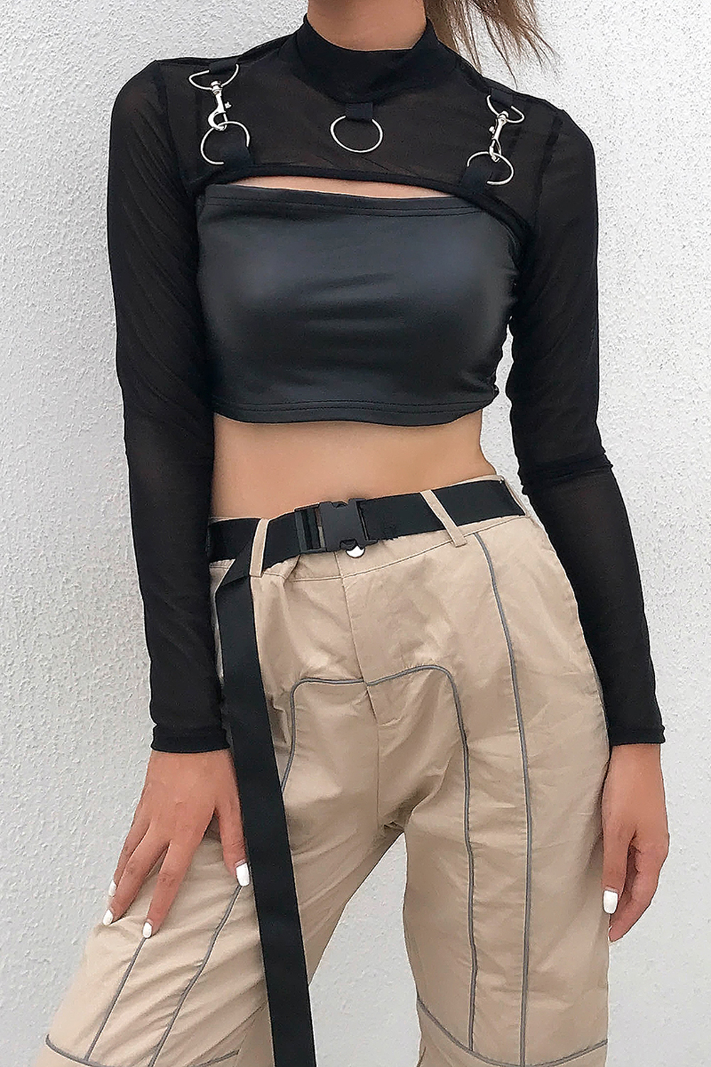 Summer Sexy Mesh See Through T-Shirts Black O-Neck Long Sleeve Turtleneck Sheer Transparent Short Crop Tops Sexy Club Party Top