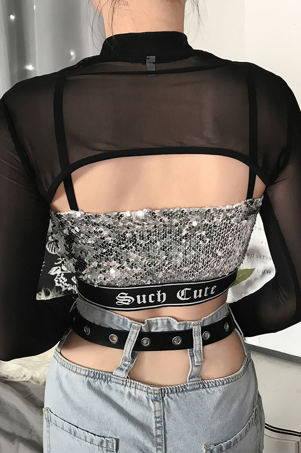 Summer Sexy Mesh See Through T-Shirts Black O-Neck Long Sleeve Turtleneck Sheer Transparent Short Crop Tops Sexy Club Party Top