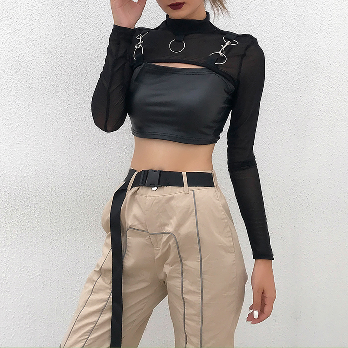 Summer Sexy Mesh See Through T-Shirts Black O-Neck Long Sleeve Turtleneck Sheer Transparent Short Crop Tops Sexy Club Party Top
