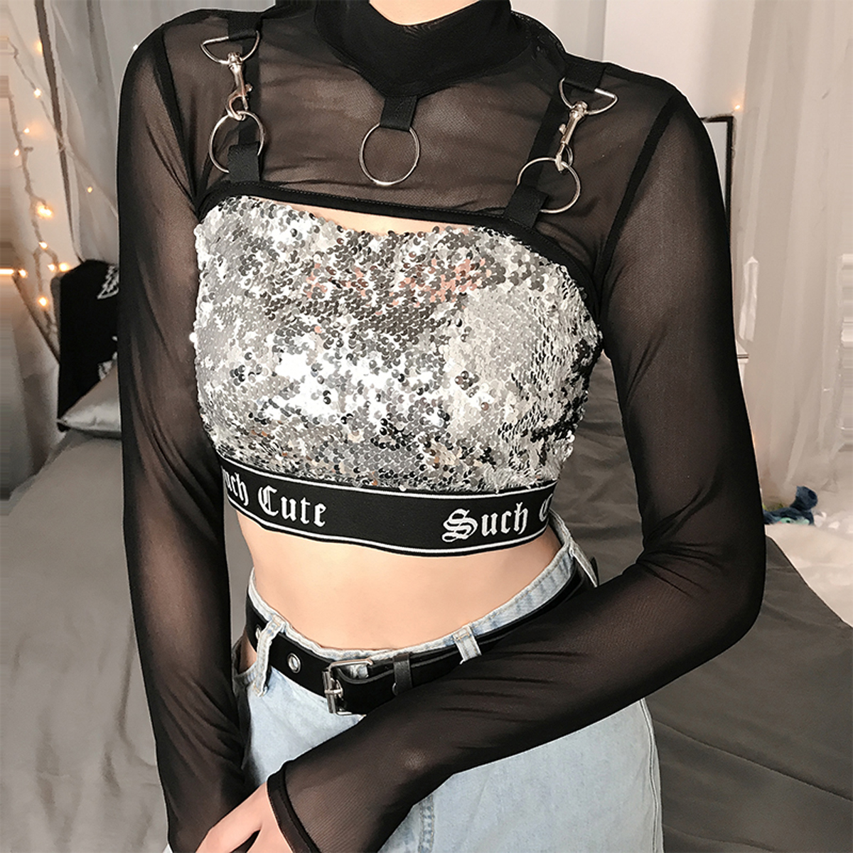 Summer Sexy Mesh See Through T-Shirts Black O-Neck Long Sleeve Turtleneck Sheer Transparent Short Crop Tops Sexy Club Party Top