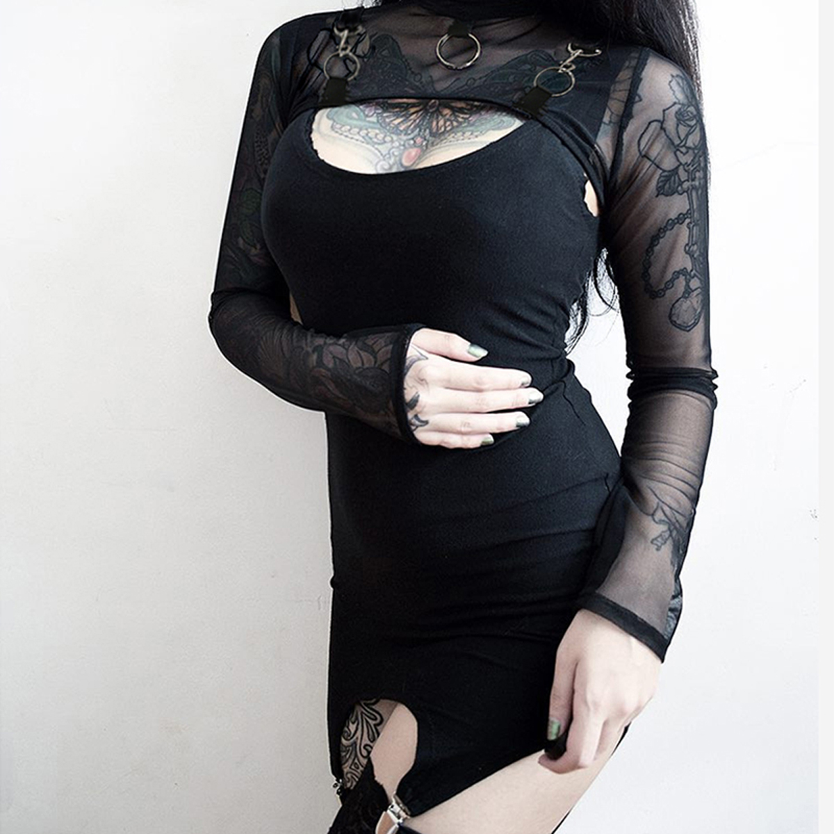 Summer Sexy Mesh See Through T-Shirts Black O-Neck Long Sleeve Turtleneck Sheer Transparent Short Crop Tops Sexy Club Party Top