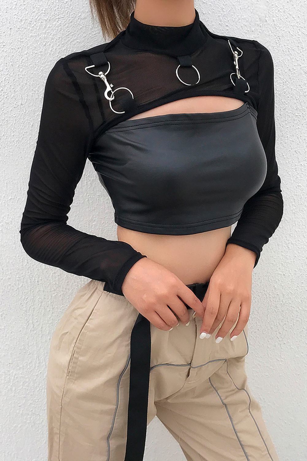 Summer Sexy Mesh See Through T-Shirts Black O-Neck Long Sleeve Turtleneck Sheer Transparent Short Crop Tops Sexy Club Party Top