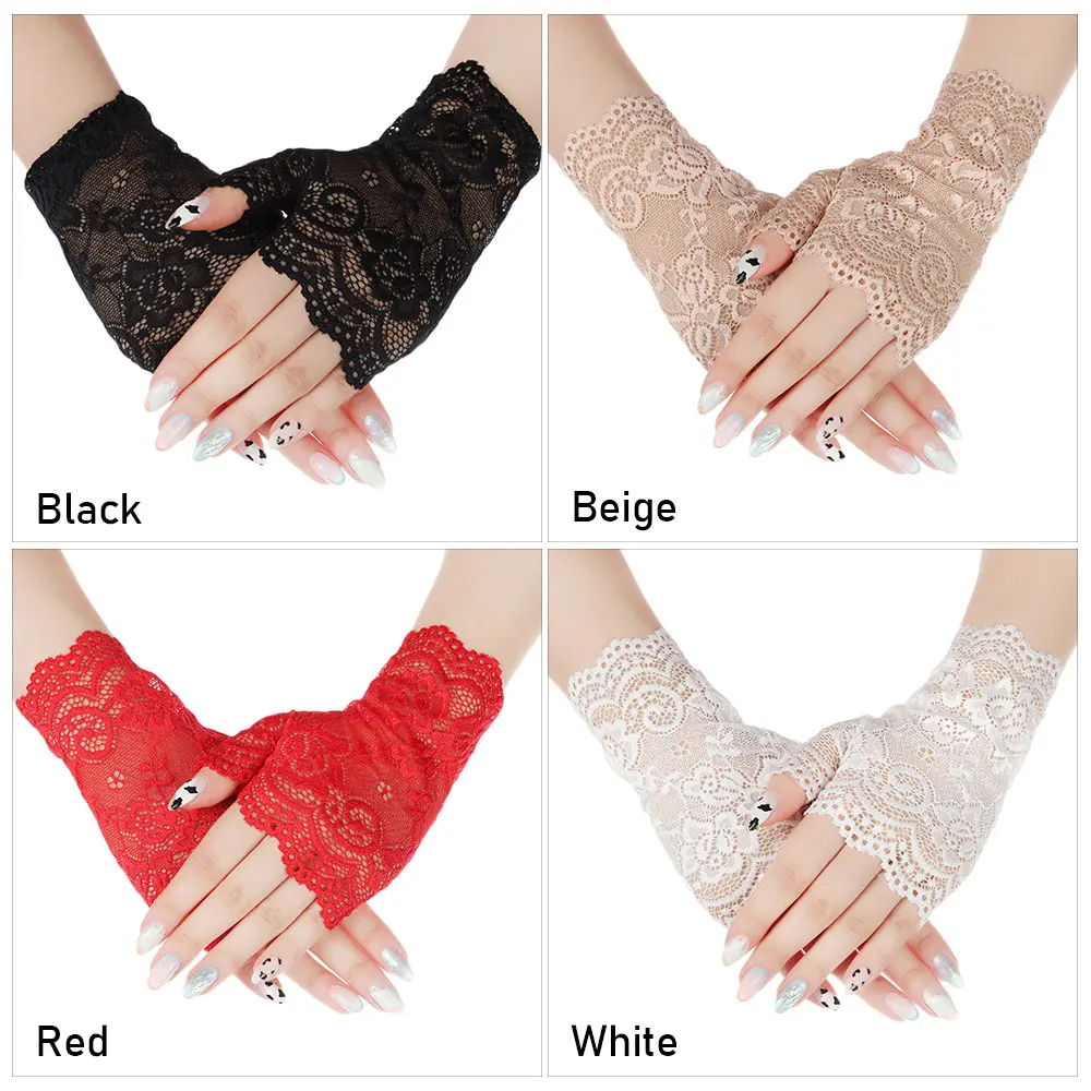 1Pair Fashion Women Lace Gloves Elastic Spring Summer Sunscreen Short Fingerless Driving Gloves Half Finger Mittens