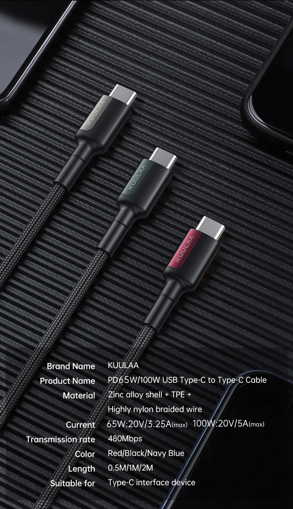 KUULAA USB C Cable to USB Type C Cable PD 100W Fast Charger Cord USBC to Type-C Cable for iPhone15 Samsung MacBook iPad Xiaomi