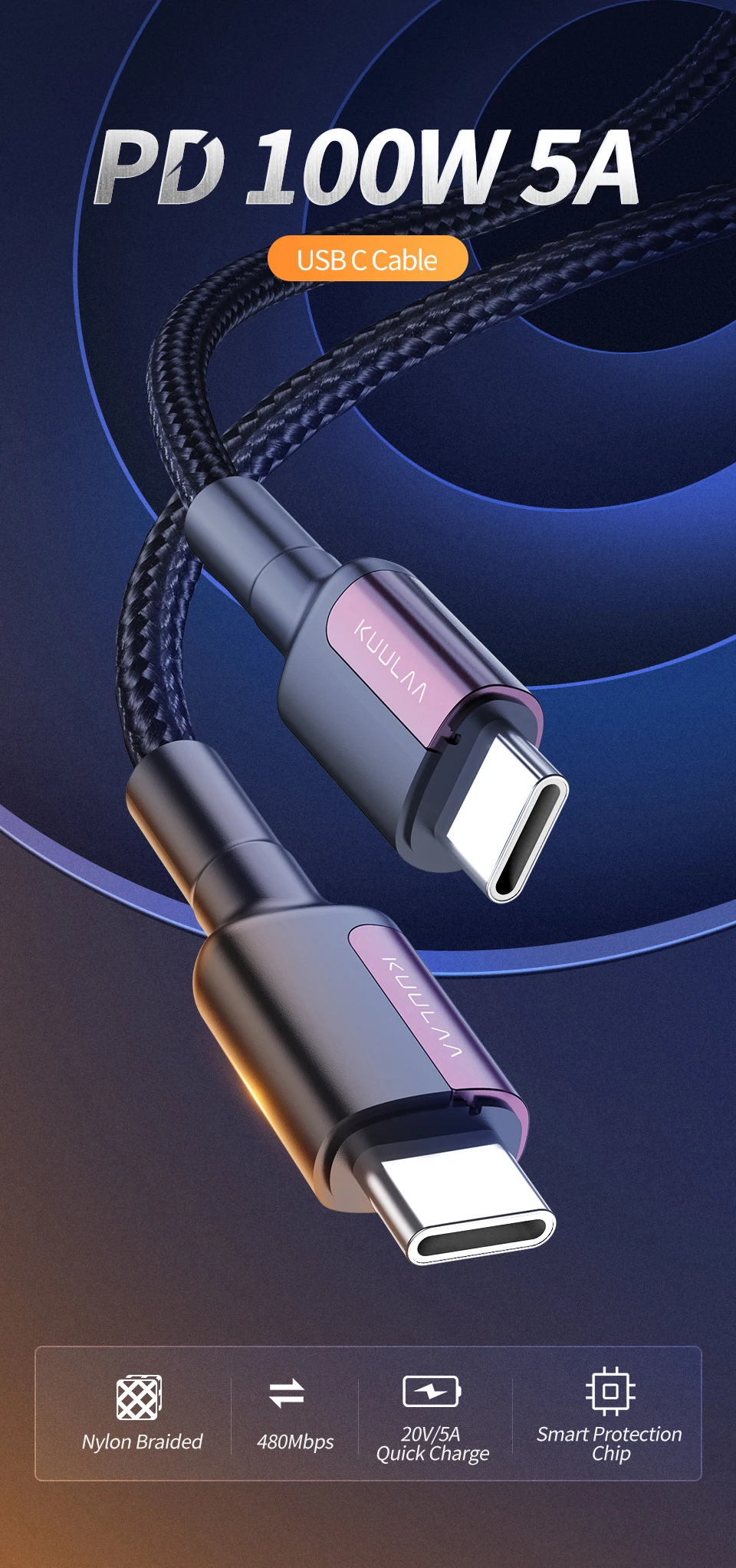 KUULAA USB C Cable to USB Type C Cable PD 100W Fast Charger Cord USBC to Type-C Cable for iPhone15 Samsung MacBook iPad Xiaomi