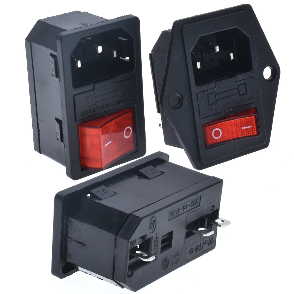 New Integral Red Light 10A250VAC Rocker Switch Power Rocker Fused IEC 320 C14 Inlet Socket 3pin Connector Plug With Fixing Holes