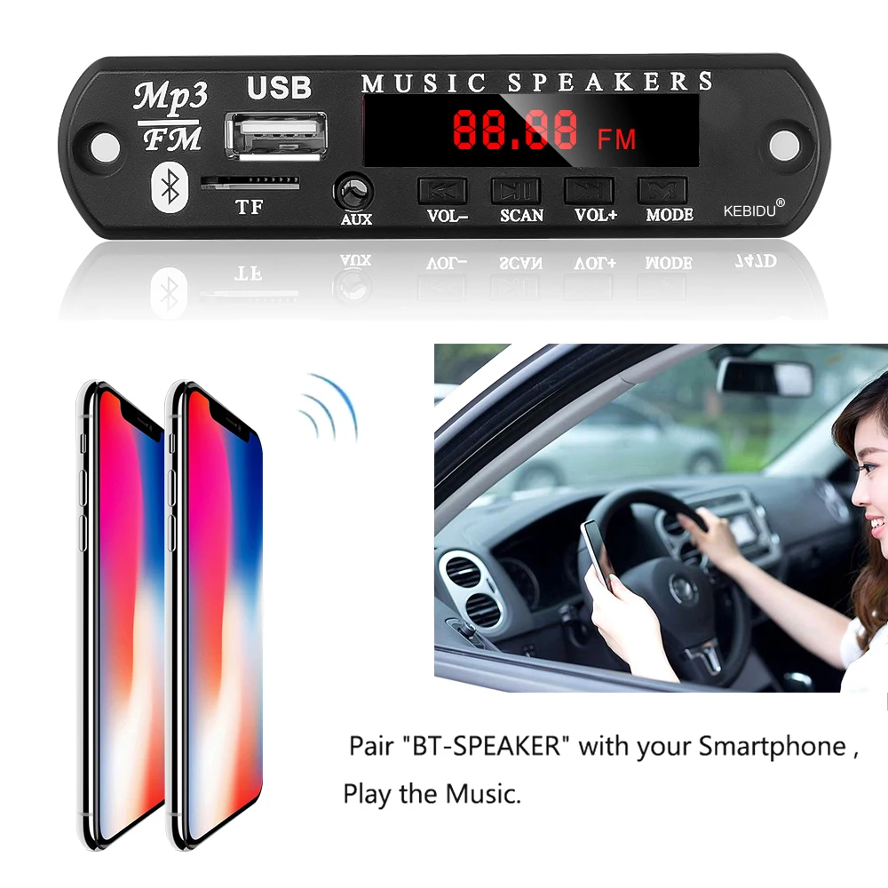 Kebidu Car USB Wireless Bluetooth 5.0 5V 12V MP3 Audio Player Decoder Board Amplifier for Car Audio TF MP3 Radio DIY Speaker