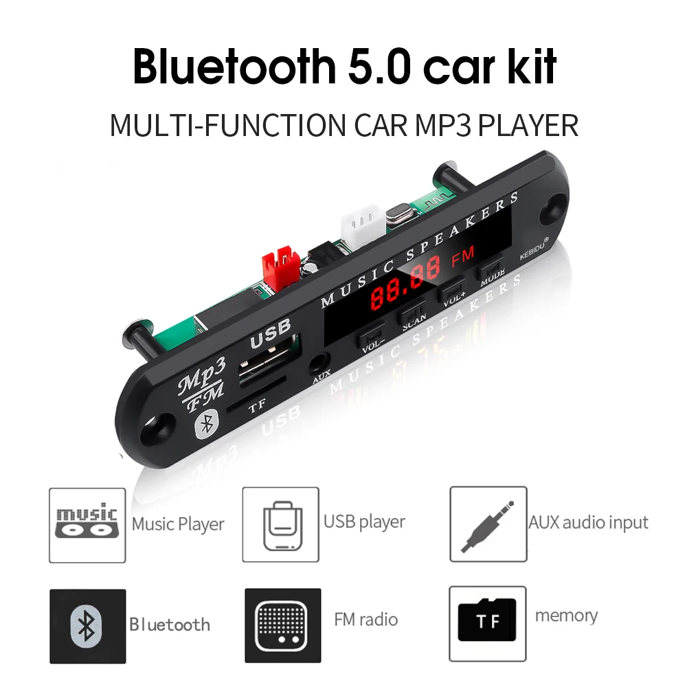 Kebidu Car USB Wireless Bluetooth 5.0 5V 12V MP3 Audio Player Decoder Board Amplifier for Car Audio TF MP3 Radio DIY Speaker
