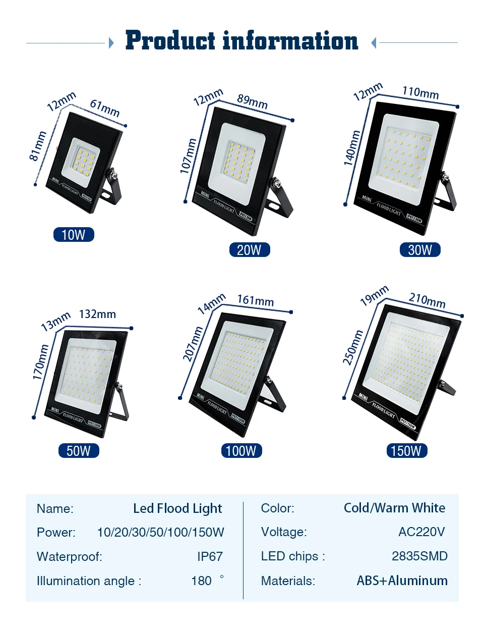 2pcs/lot Led Flood Light AC220V 240V 10W 20W 30W 50W 100W 150W Outdoor Floodlight Spotlight IP67 Waterproof Street Lamp Lighting