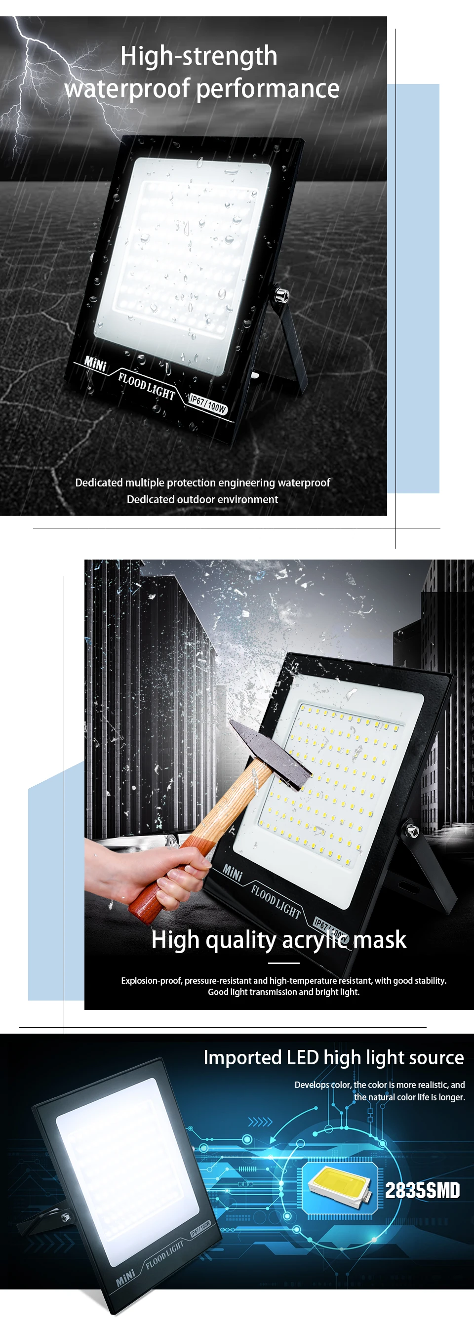 2pcs/lot Led Flood Light AC220V 240V 10W 20W 30W 50W 100W 150W Outdoor Floodlight Spotlight IP67 Waterproof Street Lamp Lighting