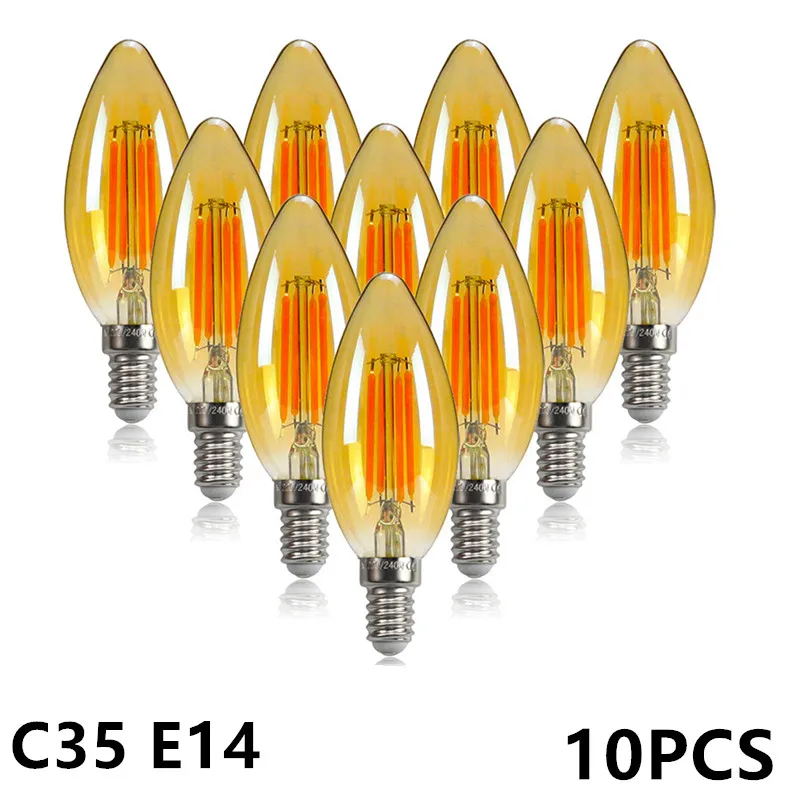 10PCS C35 Candle Bulb 4W 6W Dimmable Led Filament 220V 110V E12 E14 E27 Candelabra Base Flame Shape Lamps For Chandelier Light