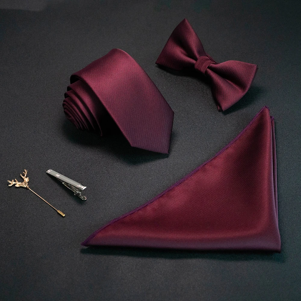 JEMYGINS New Solid Color 6cm Silk Men Tie Set Jacquard Woven Necktie Bowtie Handkerchief Pin Suit Red Green For Business Wedding