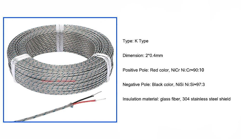 10M 20M 50m 100m K J PT100 Type 0-800 Degree 600℃ Shielded Thermocouple Wire 2*0.4MM Temp Measurement Line Compensation Wire