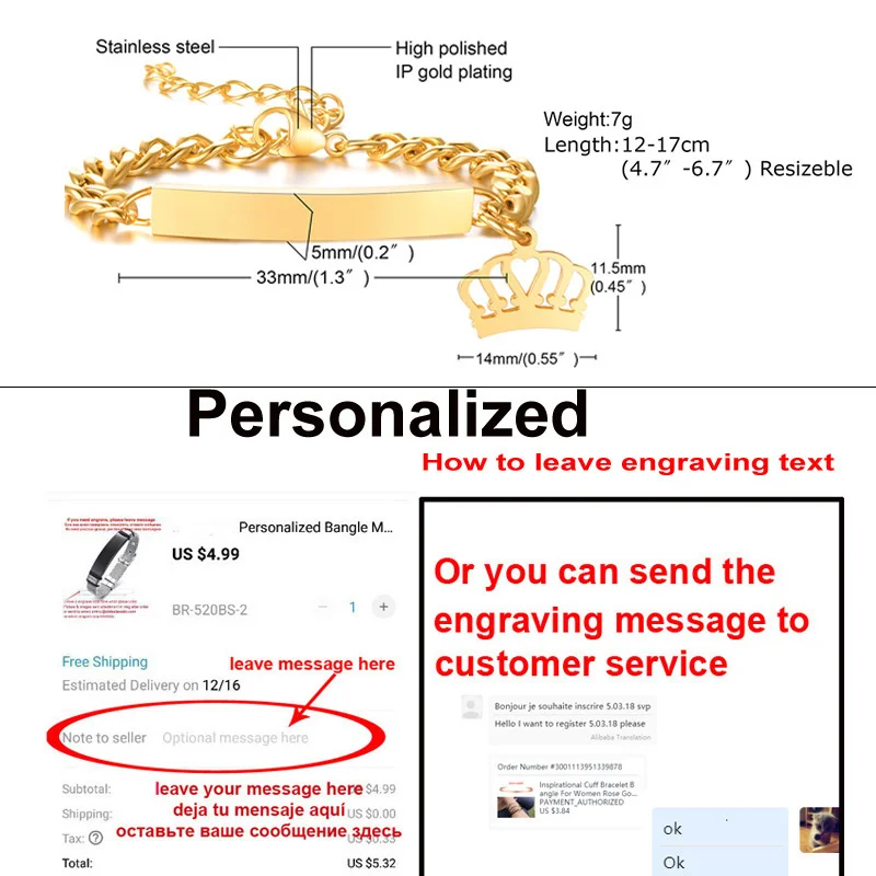 Custom Personalized Name ID Bracelet Gilrs Boy Gifts, Stainless Steel Curb Chain Link Crown Bracelet Not Allergic