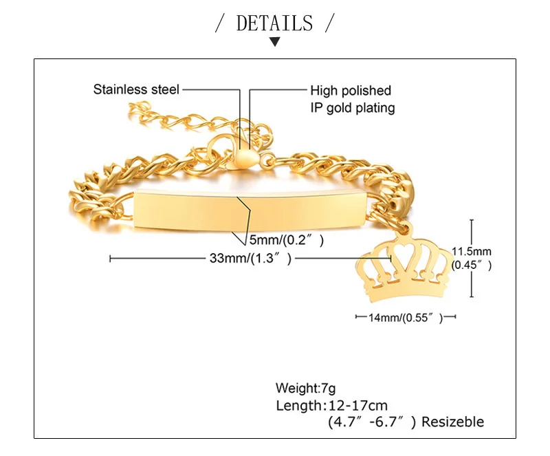 Custom Personalized Name ID Bracelet Gilrs Boy Gifts, Stainless Steel Curb Chain Link Crown Bracelet Not Allergic