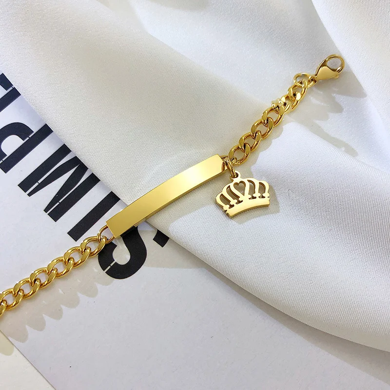Custom Personalized Name ID Bracelet Gilrs Boy Gifts, Stainless Steel Curb Chain Link Crown Bracelet Not Allergic