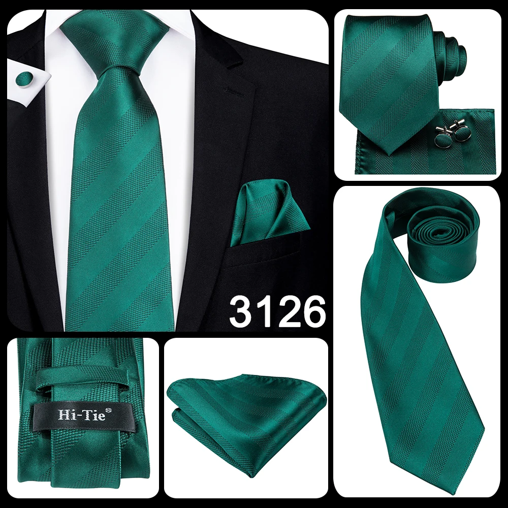 Hi-Tie Designer Green Solid Striped Paisley Wedding Tie For Men Necktie Hanky Cufflink Fashion Business Party Dropshipping