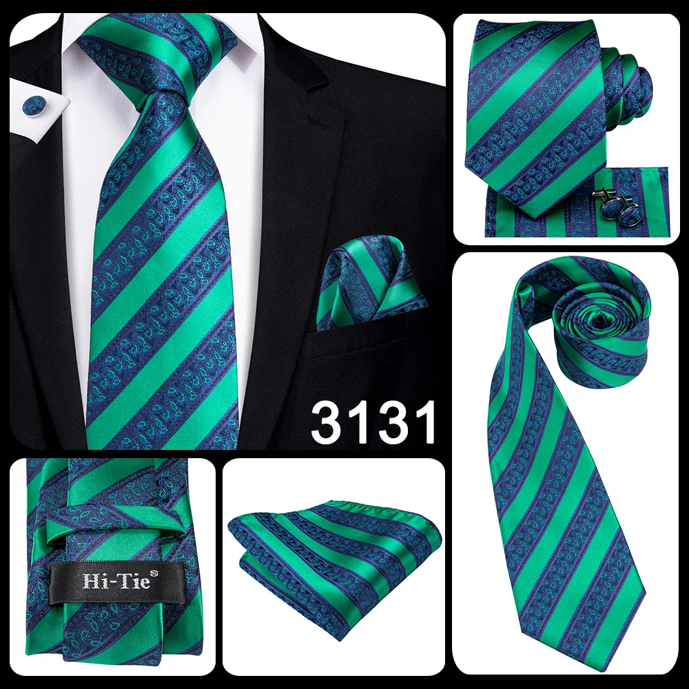 Hi-Tie Designer Green Solid Striped Paisley Wedding Tie For Men Necktie Hanky Cufflink Fashion Business Party Dropshipping