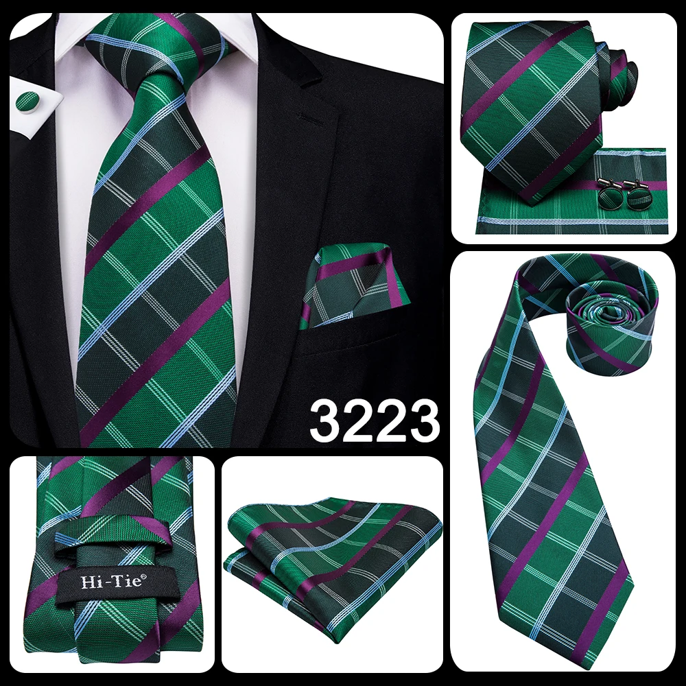 Hi-Tie Designer Green Solid Striped Paisley Wedding Tie For Men Necktie Hanky Cufflink Fashion Business Party Dropshipping