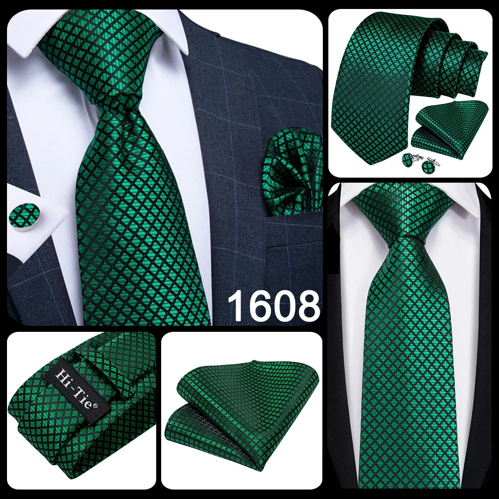 Hi-Tie Designer Green Solid Striped Paisley Wedding Tie For Men Necktie Hanky Cufflink Fashion Business Party Dropshipping