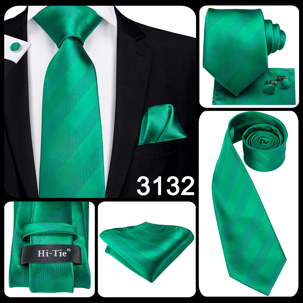 Hi-Tie Designer Green Solid Striped Paisley Wedding Tie For Men Necktie Hanky Cufflink Fashion Business Party Dropshipping