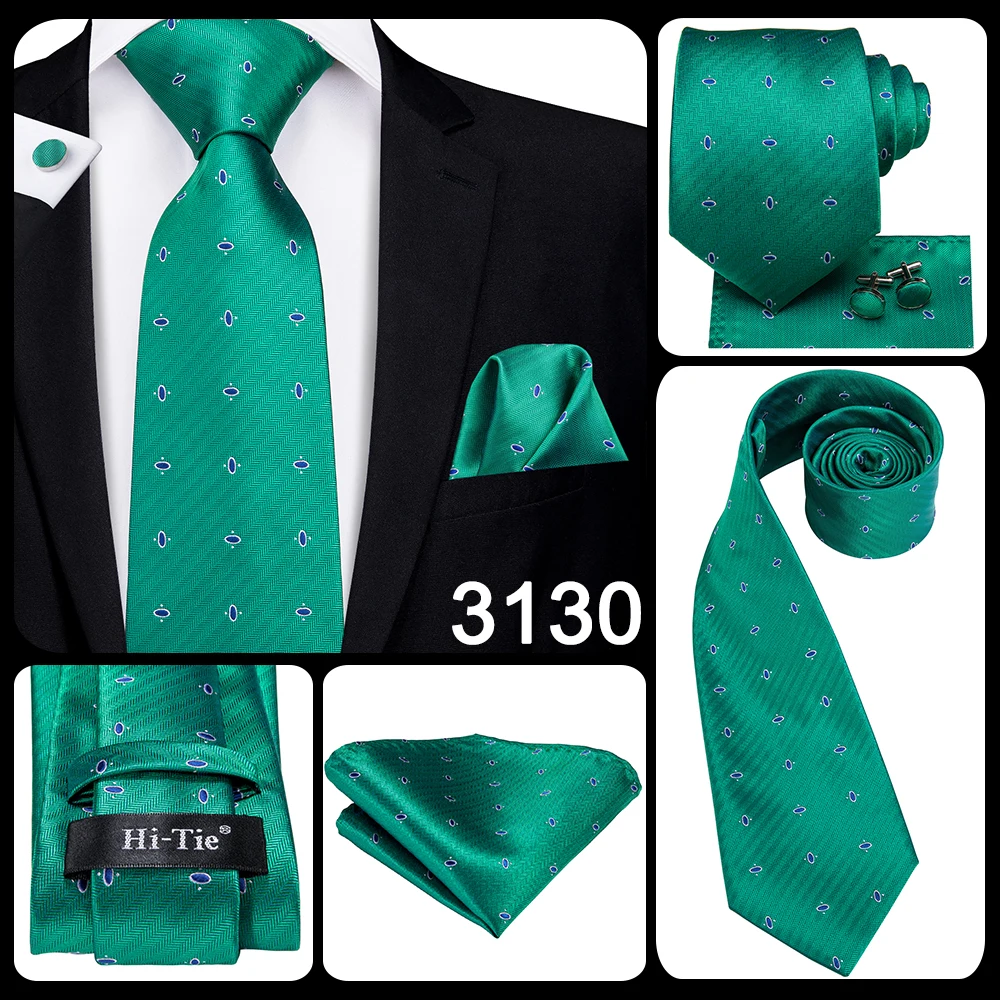 Hi-Tie Designer Green Solid Striped Paisley Wedding Tie For Men Necktie Hanky Cufflink Fashion Business Party Dropshipping