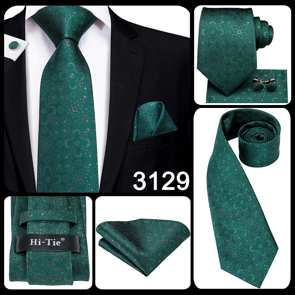Hi-Tie Designer Green Solid Striped Paisley Wedding Tie For Men Necktie Hanky Cufflink Fashion Business Party Dropshipping