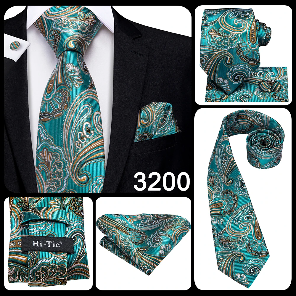 Hi-Tie Designer Green Solid Striped Paisley Wedding Tie For Men Necktie Hanky Cufflink Fashion Business Party Dropshipping
