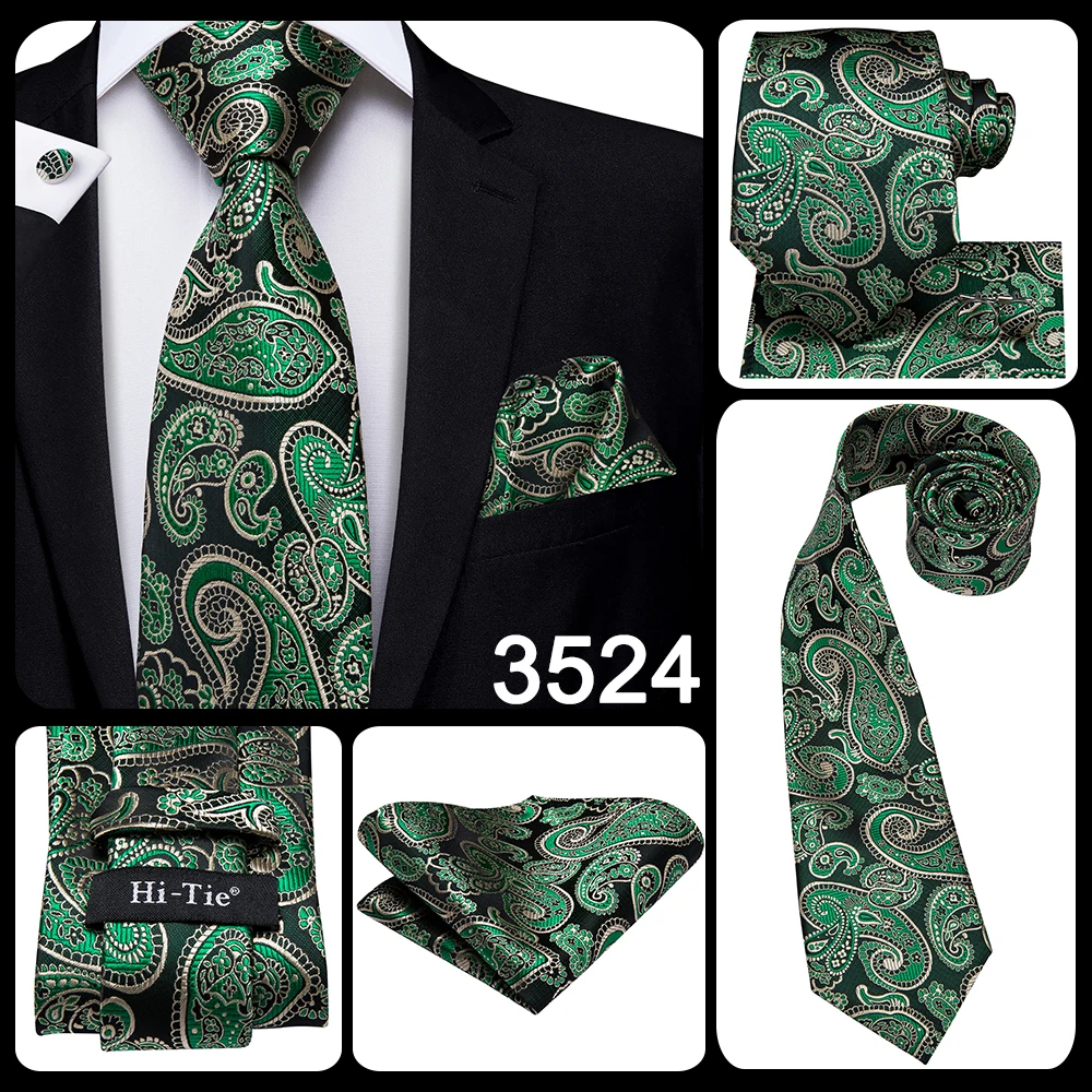 Hi-Tie Designer Green Solid Striped Paisley Wedding Tie For Men Necktie Hanky Cufflink Fashion Business Party Dropshipping