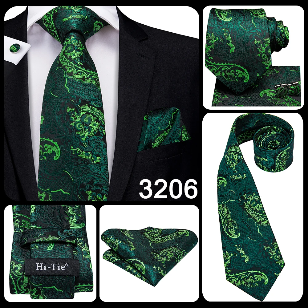 Hi-Tie Designer Green Solid Striped Paisley Wedding Tie For Men Necktie Hanky Cufflink Fashion Business Party Dropshipping