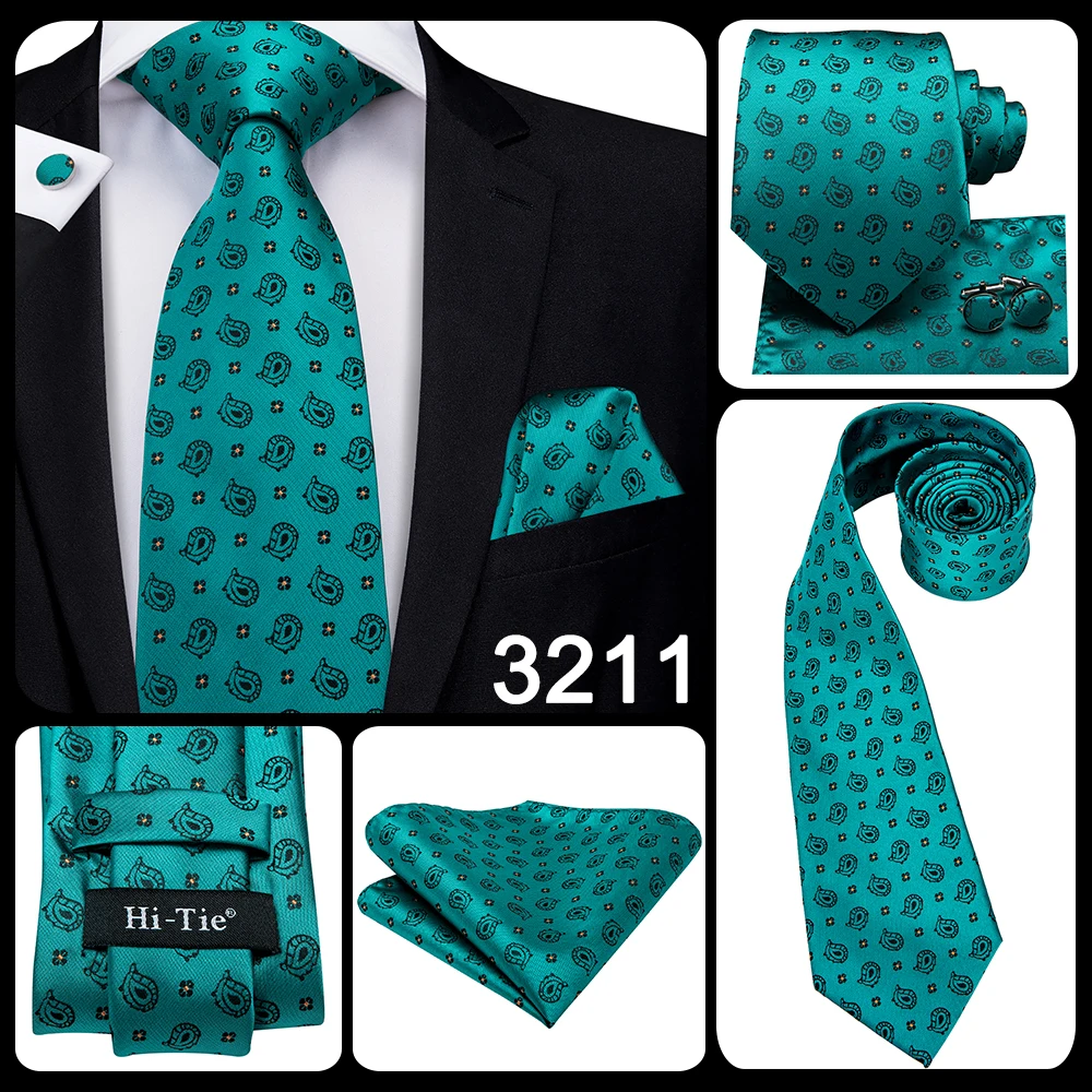 Hi-Tie Designer Green Solid Striped Paisley Wedding Tie For Men Necktie Hanky Cufflink Fashion Business Party Dropshipping