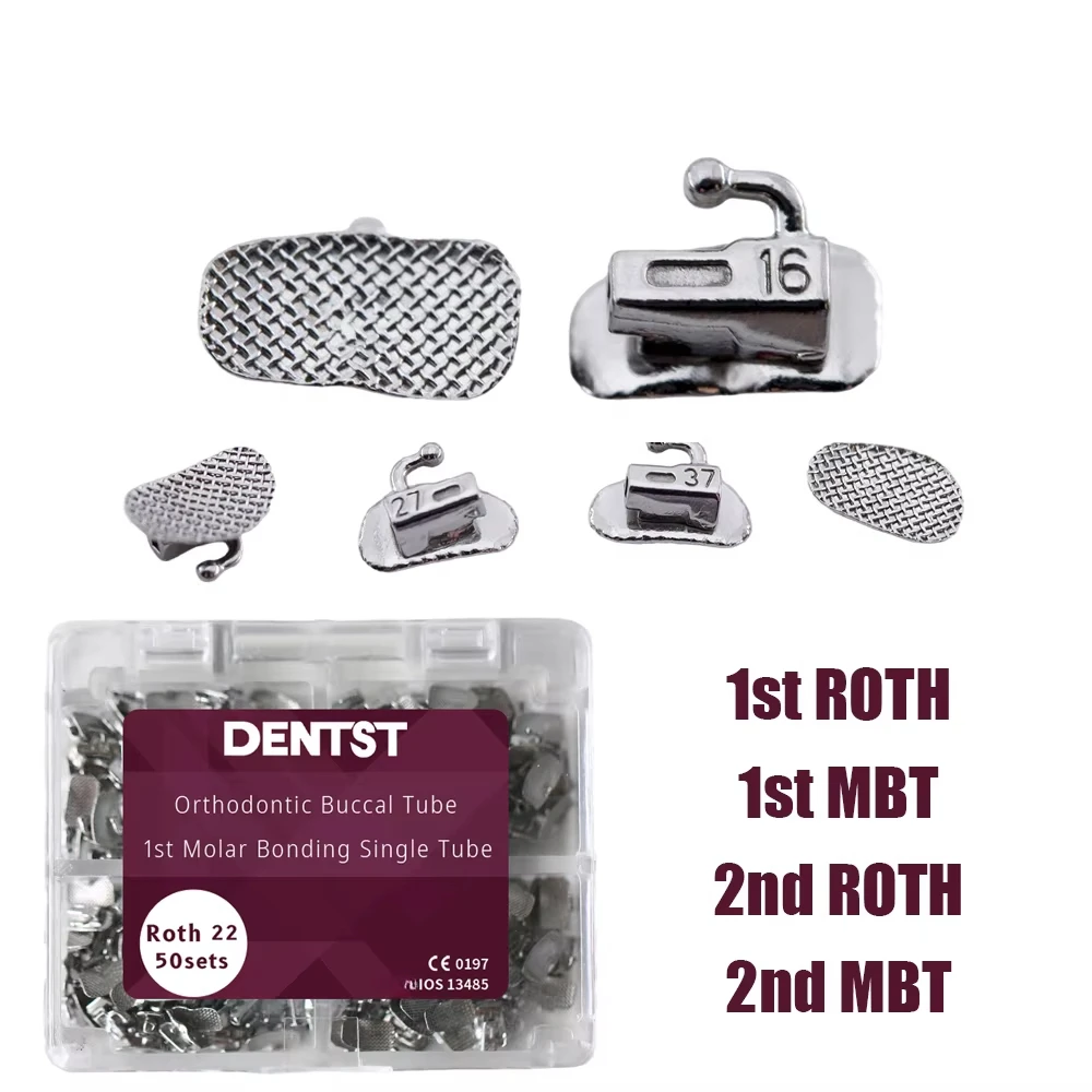 Dentst 50 Sets/Box Orthodontics Dental 1st 2nd Molar Bondable Buccal Tubes Non-Convertible Mesh Base Single Tools Roth MBT 0.022